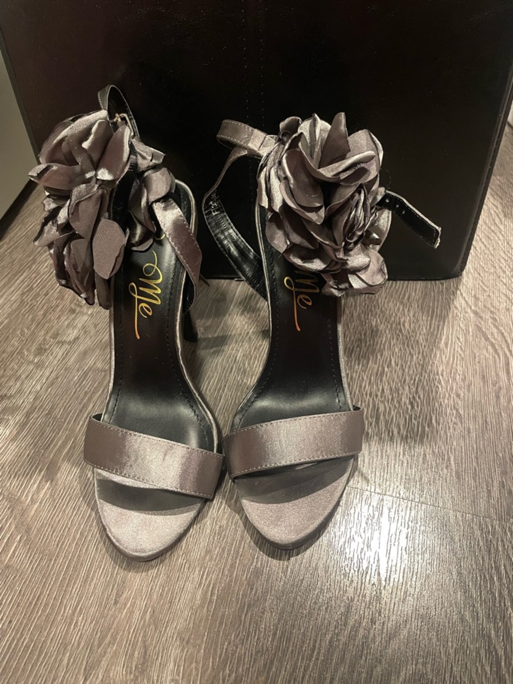 ME Makeover Essentials Satin Floral Ankle-Strap Heels in Gunmetal
